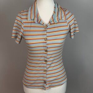 Vintage Y2K One by One Striped Button up Multicolor Top Juniors MED 90's 70's